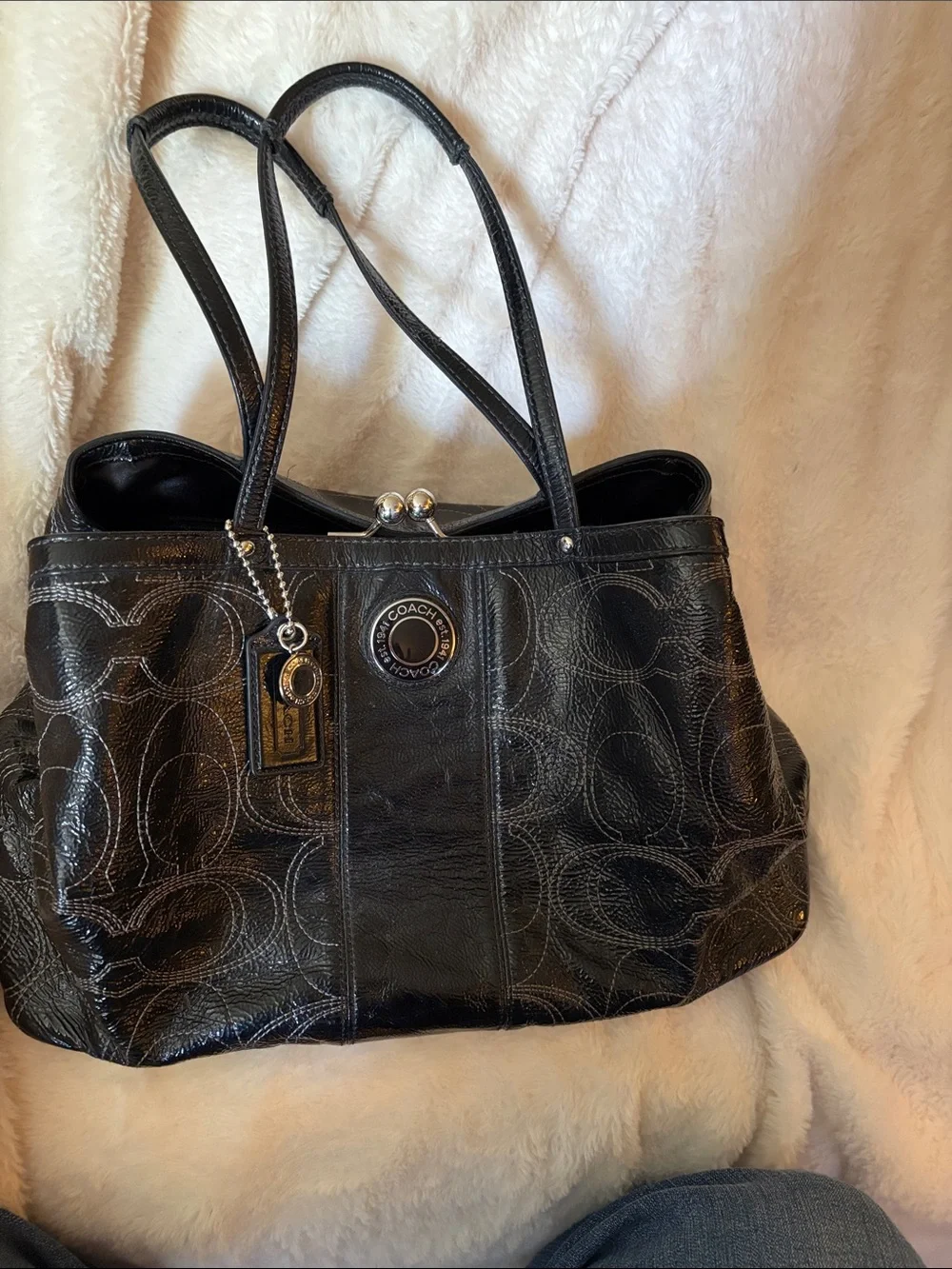 Coach Black Patent Leather Tote with Signature Graphic